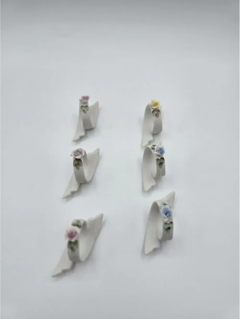 Vintage Set of 6 Rose Pink Yellow Blue Porcelain Napkin Rings Made In Japan
